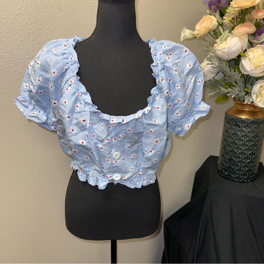 NWT ZARA Blue Floral Ruffle Crop Top Smocked Square Neck Cottagecore